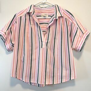 Universal Thread Collared Cotton Short Sleeve Top Pastel Stripe Women Medium